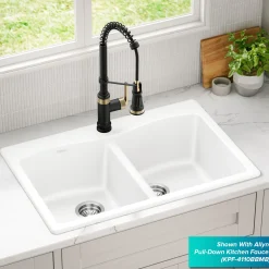 KRAUS Forteza 33” Granite Drop-In or Undermount 50/50 Double Bowl White Kitchen Sink