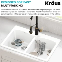 KRAUS Forteza 33” Granite Drop-In or Undermount 50/50 Double Bowl White Kitchen Sink