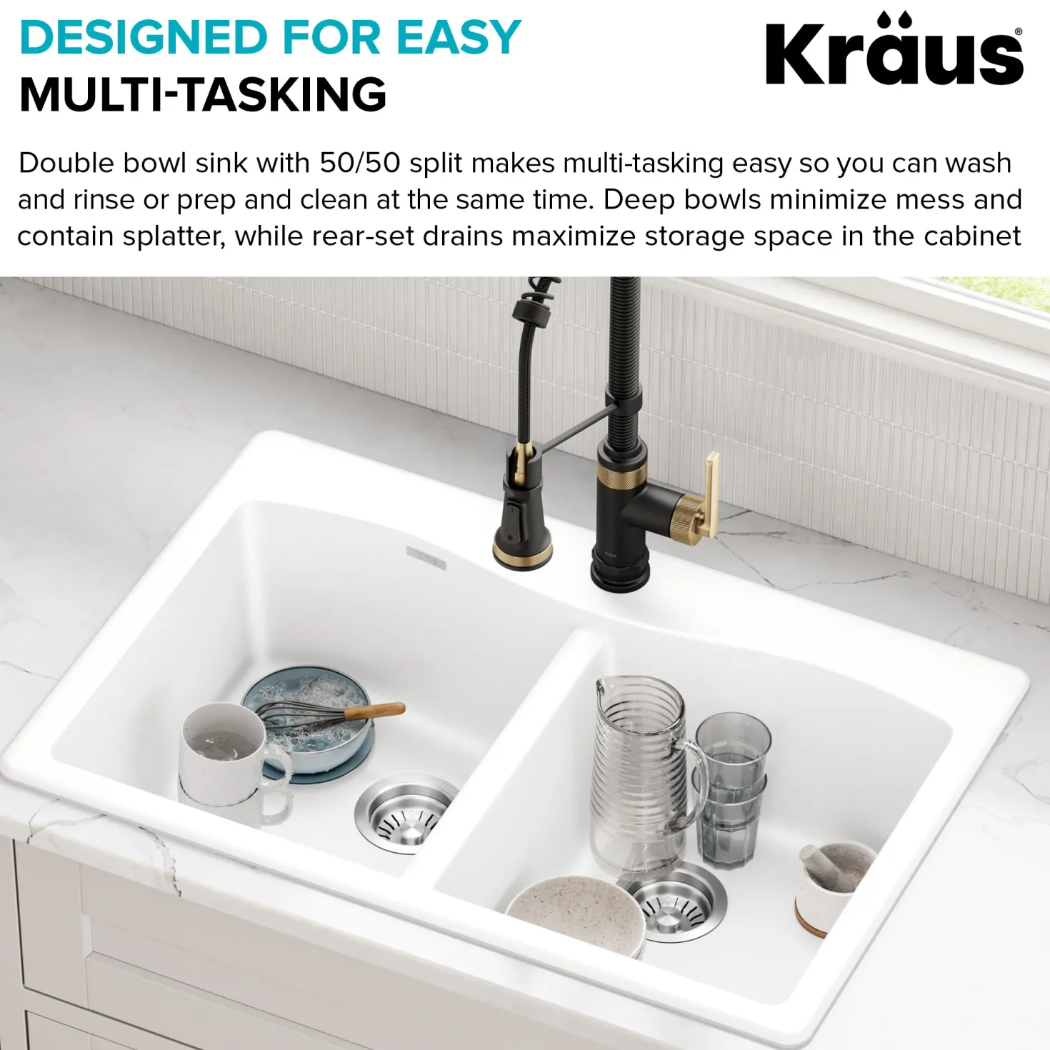 KRAUS Forteza 33” Granite Drop-In or Undermount 50/50 Double Bowl White Kitchen Sink