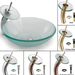 KRAUS Frosted Glass Vessel Sink and Waterfall Faucet