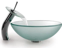 KRAUS Frosted Glass Vessel Sink and Waterfall Faucet