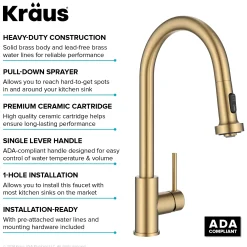 KRAUS 2-Function Single Handle Pull Down Kitchen Faucet in Spot-Free Brushed Brass