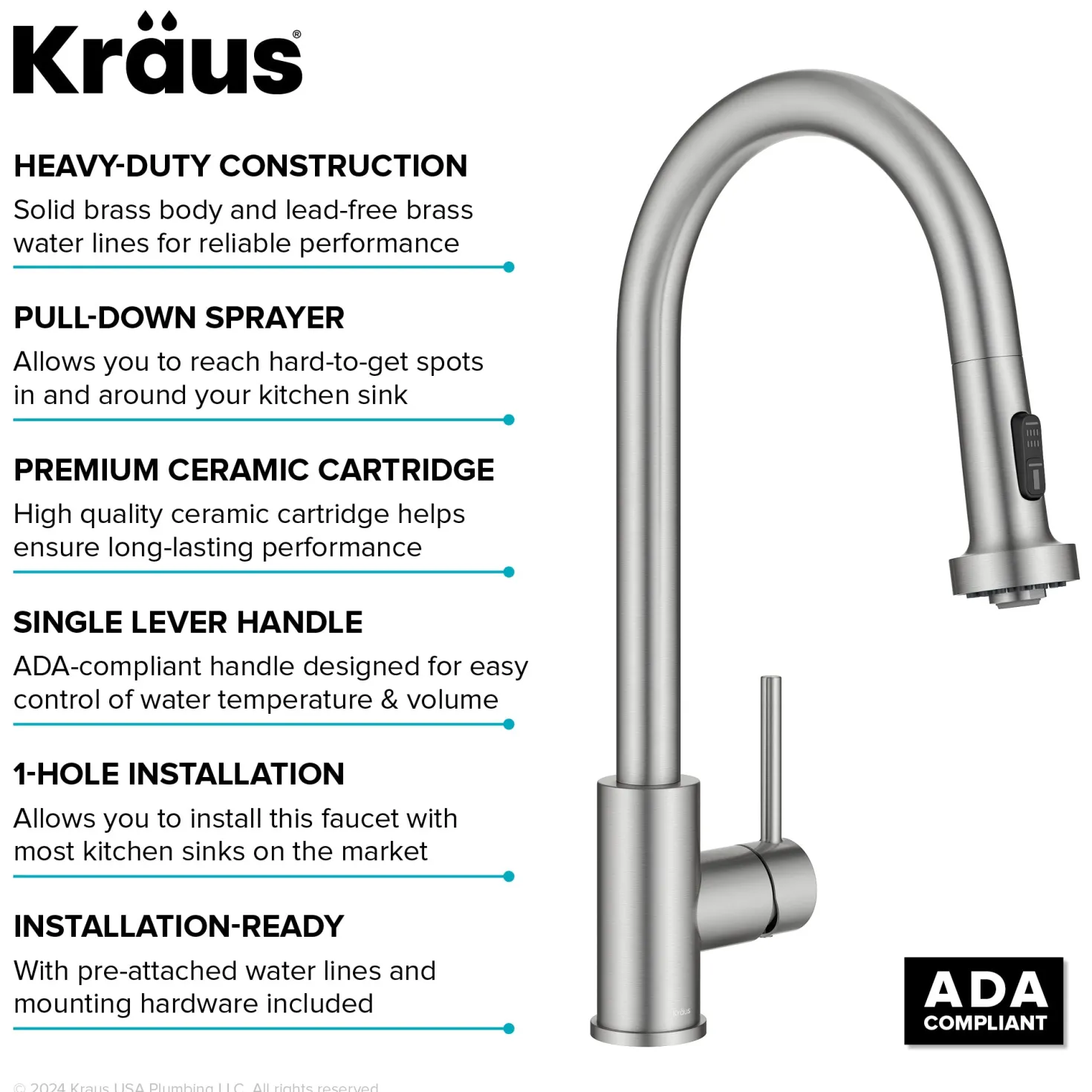 KRAUS 2-Function Single Handle Pull Down Kitchen Faucet in Spot-Free Stainless