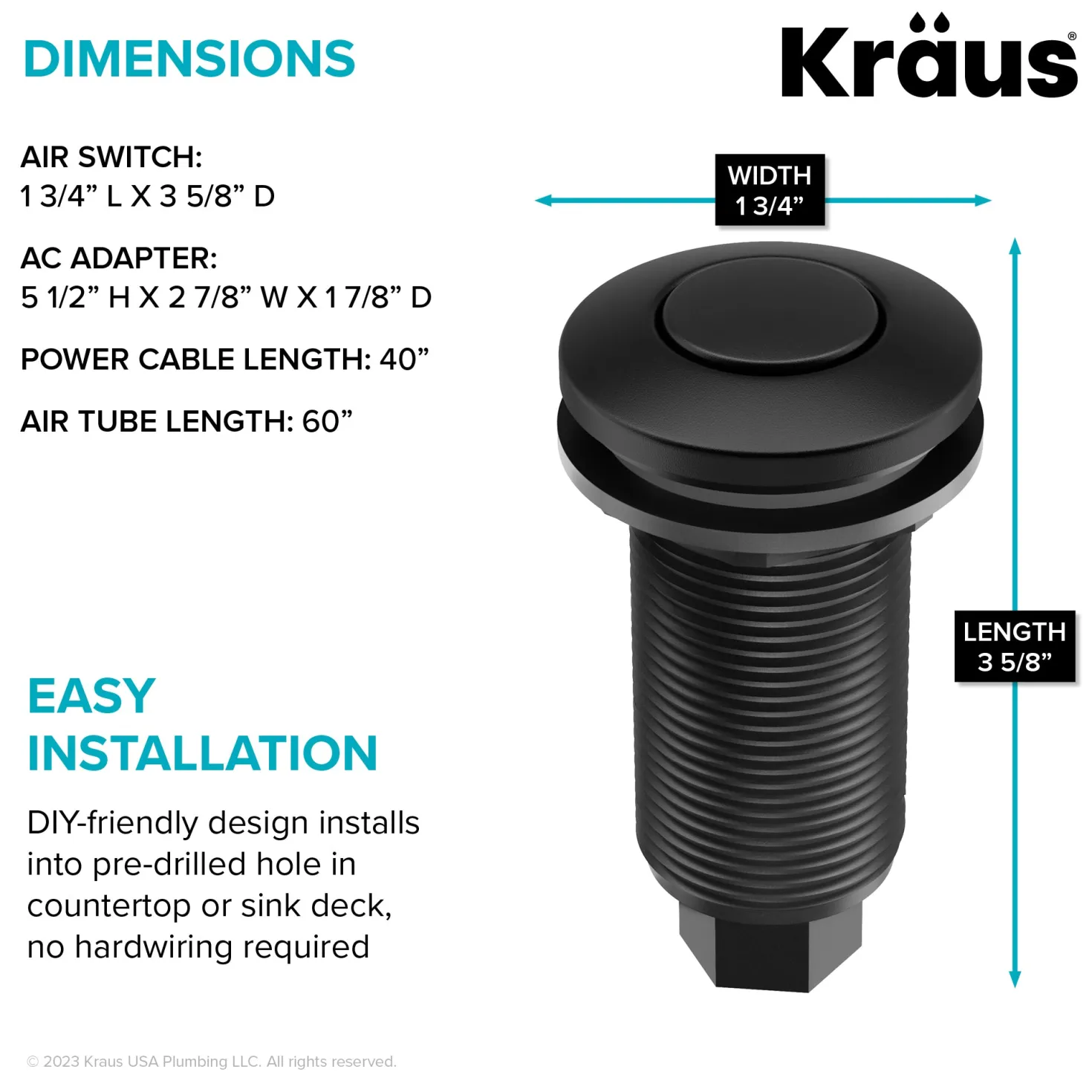 KRAUS Garbage Disposal Push Button Air Switch Kit in Matte Black