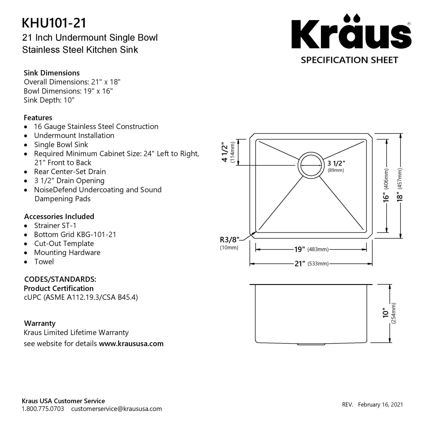 KRAUS 21" 16 Gauge Undermount Single Bowl Stainless Steel Kitchen Sink