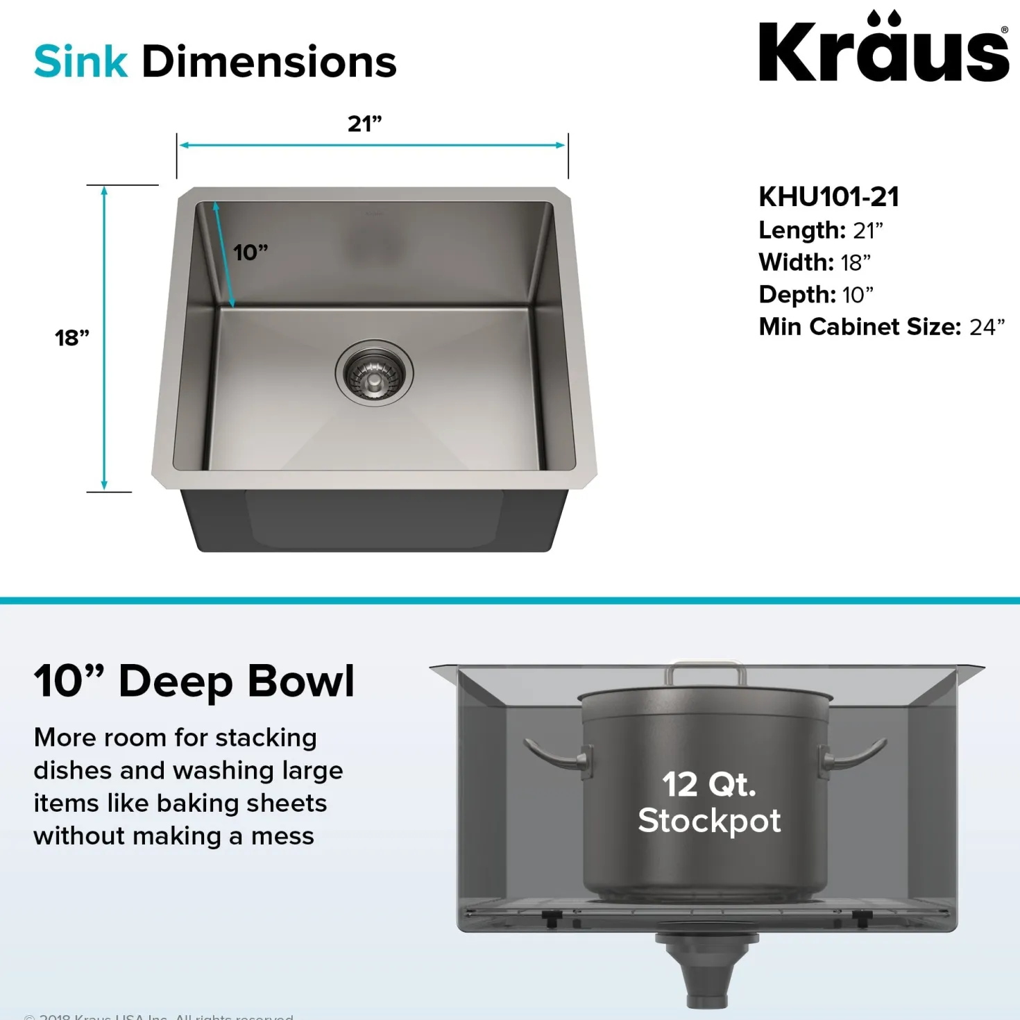 KRAUS 21" 16 Gauge Undermount Single Bowl Stainless Steel Kitchen Sink