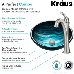 KRAUS 17-Inch Blue Glass Nature Series Bathroom Vessel Sink and Arlo Faucet Combo Set with Pop-Up Drain