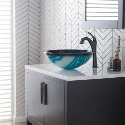 KRAUS 17-Inch Blue Glass Nature Series Bathroom Vessel Sink and Arlo Faucet Combo Set with Pop-Up Drain