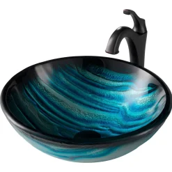 KRAUS 17-Inch Blue Glass Nature Series Bathroom Vessel Sink and Arlo Faucet Combo Set with Pop-Up Drain