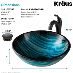 KRAUS 17-Inch Blue Glass Nature Series Bathroom Vessel Sink and Arlo Faucet Combo Set with Pop-Up Drain