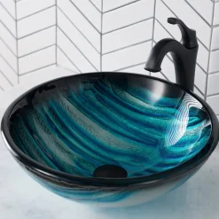 KRAUS 17-Inch Blue Glass Nature Series Bathroom Vessel Sink and Arlo Faucet Combo Set with Pop-Up Drain