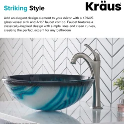 KRAUS 17-Inch Blue Glass Nature Series Bathroom Vessel Sink and Arlo Faucet Combo Set with Pop-Up Drain