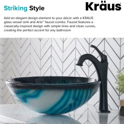 KRAUS 17-Inch Blue Glass Nature Series Bathroom Vessel Sink and Arlo Faucet Combo Set with Pop-Up Drain