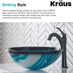 KRAUS 17-Inch Blue Glass Nature Series Bathroom Vessel Sink and Arlo Faucet Combo Set with Pop-Up Drain