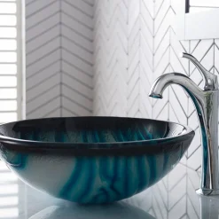 KRAUS 17-Inch Blue Glass Nature Series Bathroom Vessel Sink and Arlo Faucet Combo Set with Pop-Up Drain