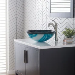 KRAUS 17-Inch Blue Glass Nature Series Bathroom Vessel Sink and Arlo Faucet Combo Set with Pop-Up Drain