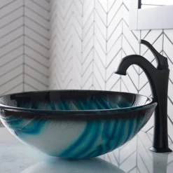 KRAUS 17-Inch Blue Glass Nature Series Bathroom Vessel Sink and Arlo Faucet Combo Set with Pop-Up Drain