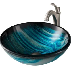 KRAUS 17-Inch Blue Glass Nature Series Bathroom Vessel Sink and Arlo Faucet Combo Set with Pop-Up Drain