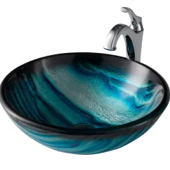KRAUS 17-Inch Blue Glass Nature Series Bathroom Vessel Sink and Arlo Faucet Combo Set with Pop-Up Drain