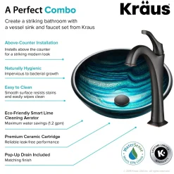 KRAUS 17-Inch Blue Glass Nature Series Bathroom Vessel Sink and Arlo Faucet Combo Set with Pop-Up Drain