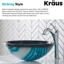 KRAUS 17-Inch Blue Glass Nature Series Bathroom Vessel Sink and Arlo Faucet Combo Set with Pop-Up Drain