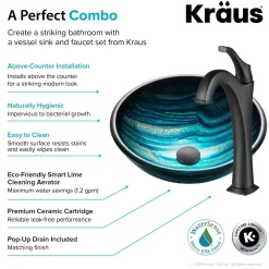 KRAUS 17-Inch Blue Glass Nature Series Bathroom Vessel Sink and Arlo Faucet Combo Set with Pop-Up Drain