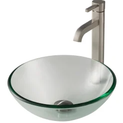 KRAUS 14-Inch Clear Glass Bathroom Vessel Sink and Ramus Faucet Combo Set with Pop-Up Drain