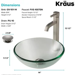 KRAUS 14-Inch Clear Glass Bathroom Vessel Sink and Ramus Faucet Combo Set with Pop-Up Drain