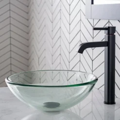 KRAUS 14-Inch Clear Glass Bathroom Vessel Sink and Ramus Faucet Combo Set with Pop-Up Drain