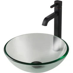 KRAUS 14-Inch Clear Glass Bathroom Vessel Sink and Ramus Faucet Combo Set with Pop-Up Drain