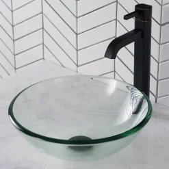 KRAUS 14-Inch Clear Glass Bathroom Vessel Sink and Ramus Faucet Combo Set with Pop-Up Drain