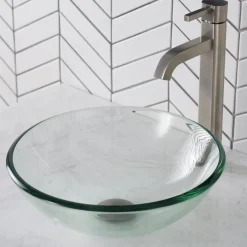 KRAUS 14-Inch Clear Glass Bathroom Vessel Sink and Ramus Faucet Combo Set with Pop-Up Drain