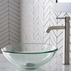 KRAUS 14-Inch Clear Glass Bathroom Vessel Sink and Ramus Faucet Combo Set with Pop-Up Drain