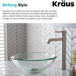 KRAUS 14-Inch Clear Glass Bathroom Vessel Sink and Ramus Faucet Combo Set with Pop-Up Drain