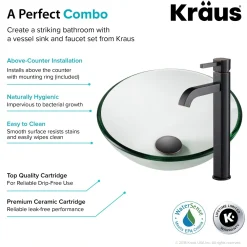 KRAUS 14-Inch Clear Glass Bathroom Vessel Sink and Ramus Faucet Combo Set with Pop-Up Drain