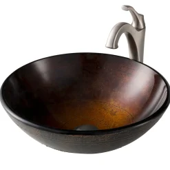 KRAUS 16 1/2-Inch Copper Brown Bathroom Vessel Sink and Arlo Faucet Combo Set with Pop-Up Drain