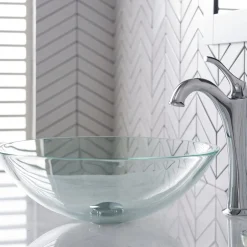 KRAUS 16 1/2-Inch Crystal Clear Glass Bathroom Vessel Sink and Arlo Faucet Combo Set with Pop-Up Drain