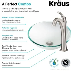 KRAUS 16 1/2-Inch Crystal Clear Glass Bathroom Vessel Sink and Arlo Faucet Combo Set with Pop-Up Drain