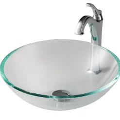 KRAUS 16 1/2-Inch Crystal Clear Glass Bathroom Vessel Sink and Arlo Faucet Combo Set with Pop-Up Drain