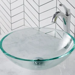 KRAUS 16 1/2-Inch Crystal Clear Glass Bathroom Vessel Sink and Arlo Faucet Combo Set with Pop-Up Drain