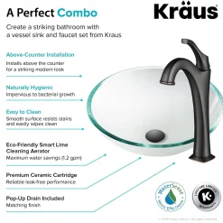 KRAUS 16 1/2-Inch Crystal Clear Glass Bathroom Vessel Sink and Arlo Faucet Combo Set with Pop-Up Drain