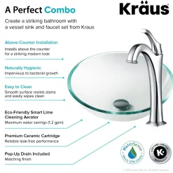 KRAUS 16 1/2-Inch Crystal Clear Glass Bathroom Vessel Sink and Arlo Faucet Combo Set with Pop-Up Drain