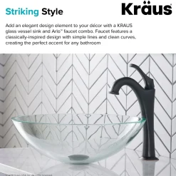 KRAUS 16 1/2-Inch Crystal Clear Glass Bathroom Vessel Sink and Arlo Faucet Combo Set with Pop-Up Drain