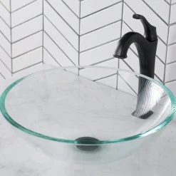 KRAUS 16 1/2-Inch Crystal Clear Glass Bathroom Vessel Sink and Arlo Faucet Combo Set with Pop-Up Drain
