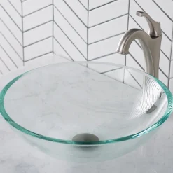 KRAUS 16 1/2-Inch Crystal Clear Glass Bathroom Vessel Sink and Arlo Faucet Combo Set with Pop-Up Drain