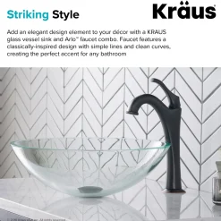 KRAUS 16 1/2-Inch Crystal Clear Glass Bathroom Vessel Sink and Arlo Faucet Combo Set with Pop-Up Drain
