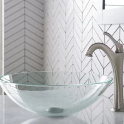 KRAUS 16 1/2-Inch Crystal Clear Glass Bathroom Vessel Sink and Arlo Faucet Combo Set with Pop-Up Drain