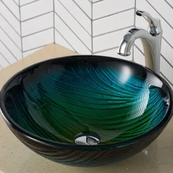 KRAUS 17-Inch Green Glass Nature Series Bathroom Vessel Sink and Arlo Faucet Combo Set with Pop-Up Drain