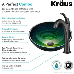 KRAUS 17-Inch Green Glass Nature Series Bathroom Vessel Sink and Arlo Faucet Combo Set with Pop-Up Drain