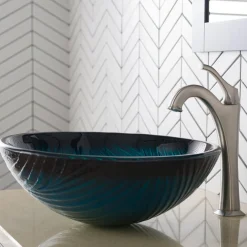 KRAUS 17-Inch Green Glass Nature Series Bathroom Vessel Sink and Arlo Faucet Combo Set with Pop-Up Drain